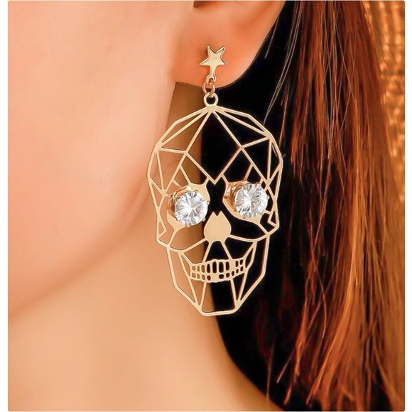 Jewelry - ✿ Large Gold Plated Rhinestone Skull Pierced Earrings